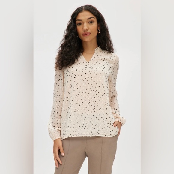 Hilary Radley Tops - Hilary Radley Beige Printed Ruffled Blouse with Black Speckles
